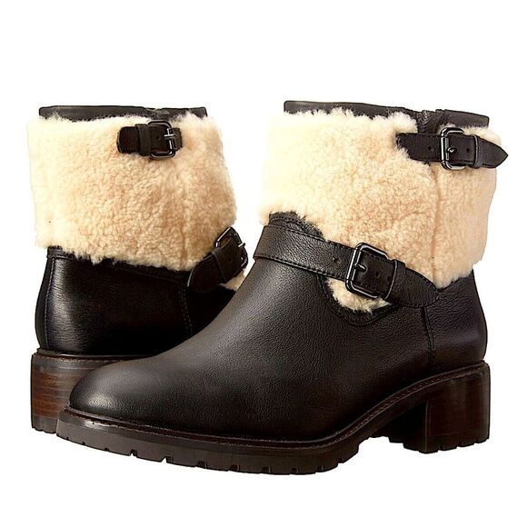Coach Gabriella Boot 8 Black Natural Leather/Shearling Ankle Boots Sz 7.5 37.5 - Picture 1 of 11